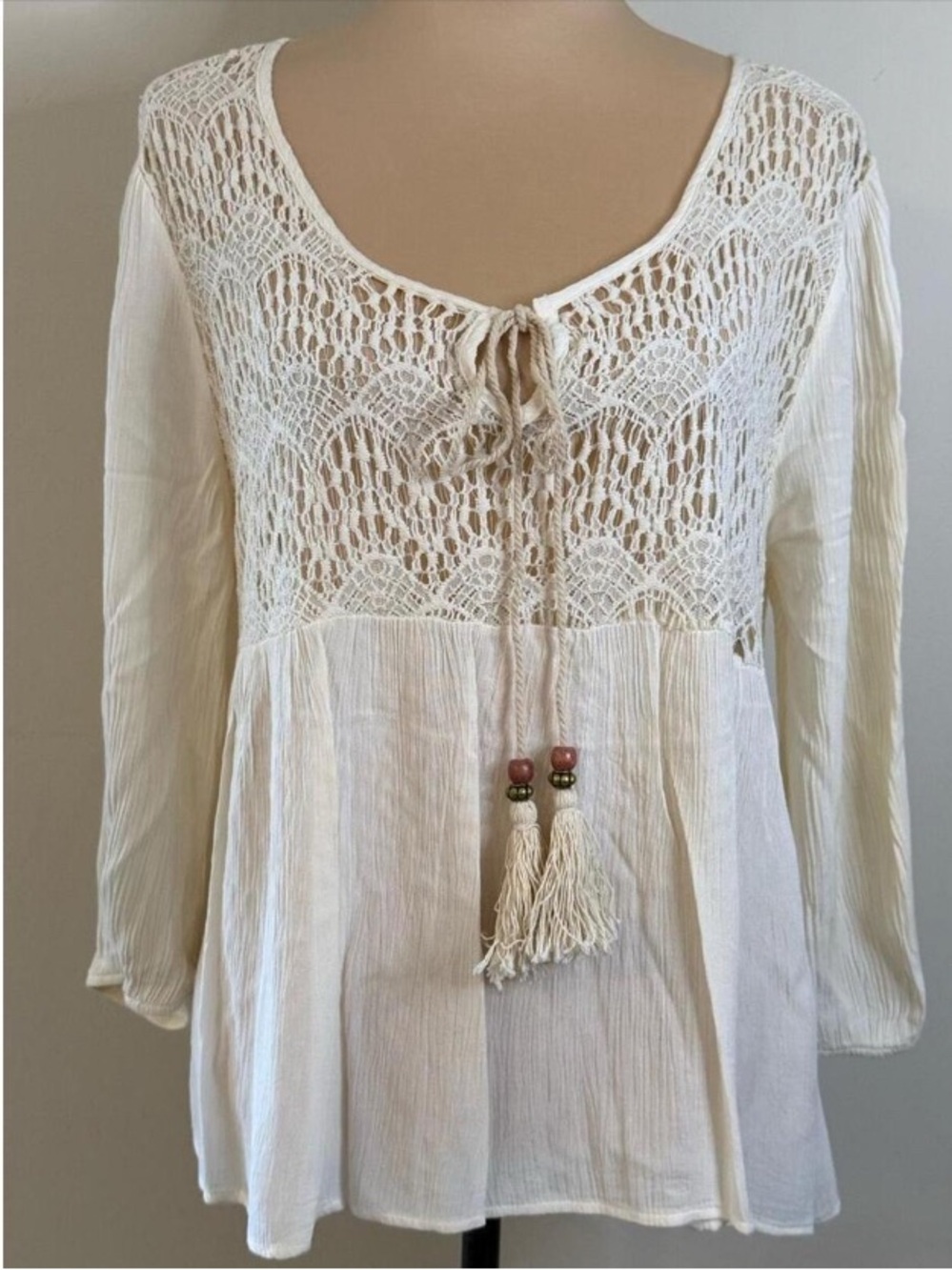Boho Cream Crochet Yoke Peasant Tunic with Tassel Tie